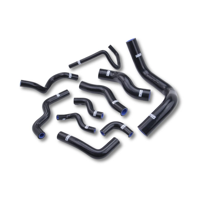 A set of black silicone heater hoses for a Nissan SR20DET engine, including various shapes and sizes with blue accents.