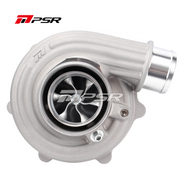 A Pulsar brand turbocharger with a silver finish, featuring a compressor wheel, turbine wheel, and various ports for hose connections.