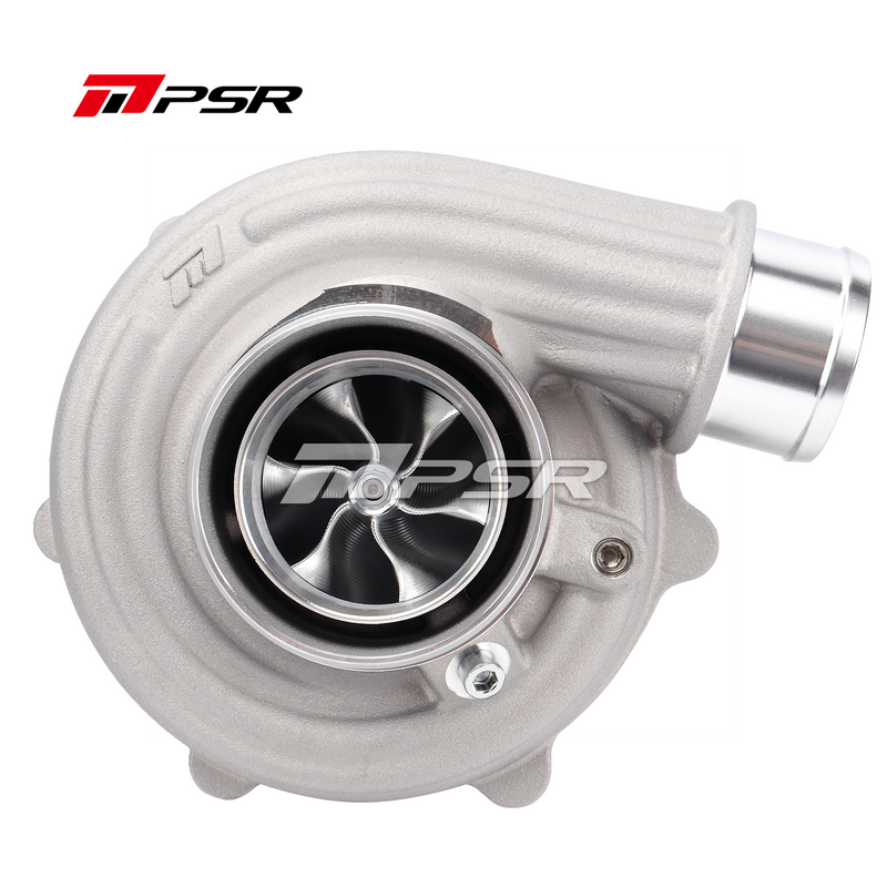 A Pulsar brand turbocharger with a silver finish, featuring a compressor wheel, turbine wheel, and various ports for hose connections.