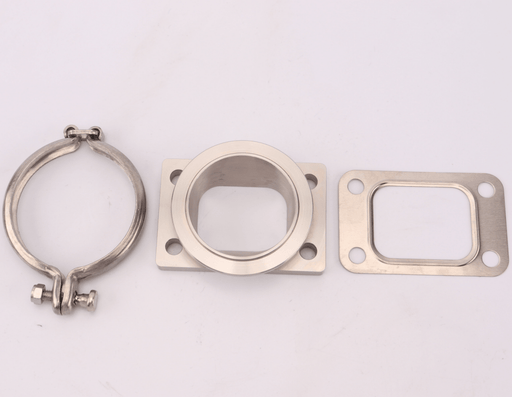 A set of stainless steel components for a turbo adapter, including a clamp, a round flange, and a rectangular flange with bolt holes.