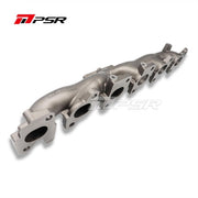 A silver-colored PSR branded exhaust manifold for turbo conversions, made of cast steel, with multiple ports.