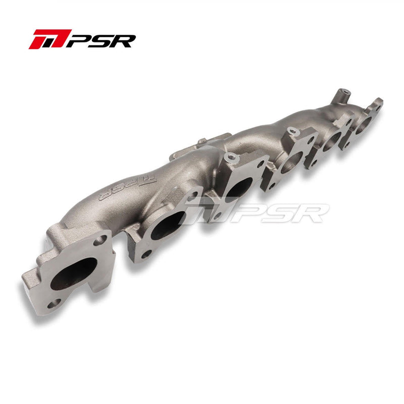 A silver-colored PSR branded exhaust manifold for turbo conversions, made of cast steel, with multiple ports.