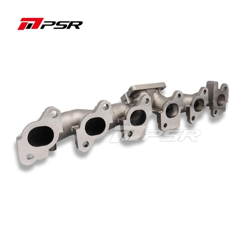 A silver-colored PSR branded exhaust manifold for turbo conversions, made of cast steel, with multiple ports.