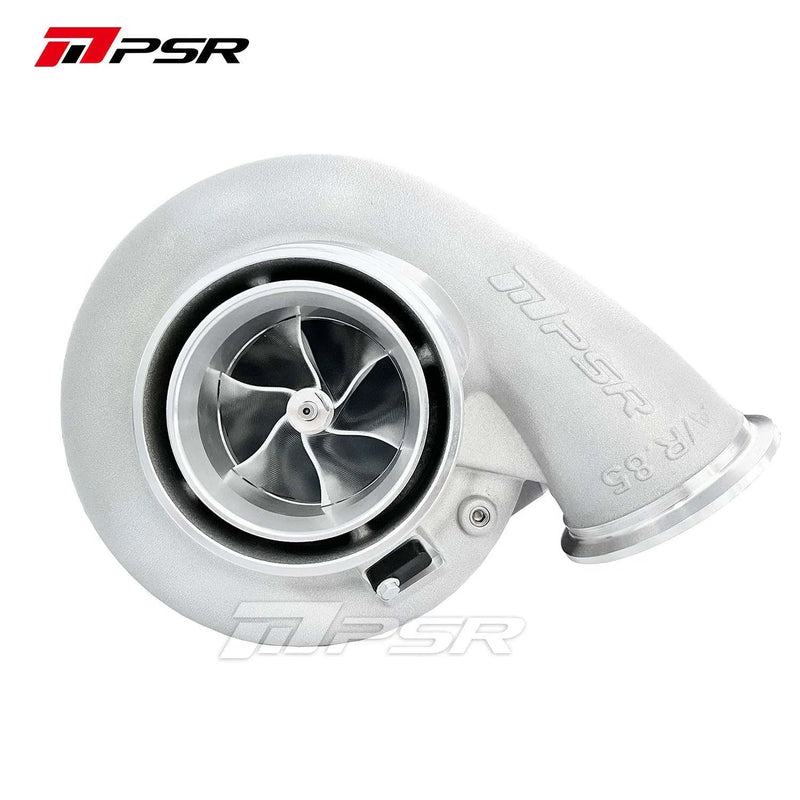 A Pulsar Turbos brand turbocharger with a silver compressor wheel and inlet shroud.