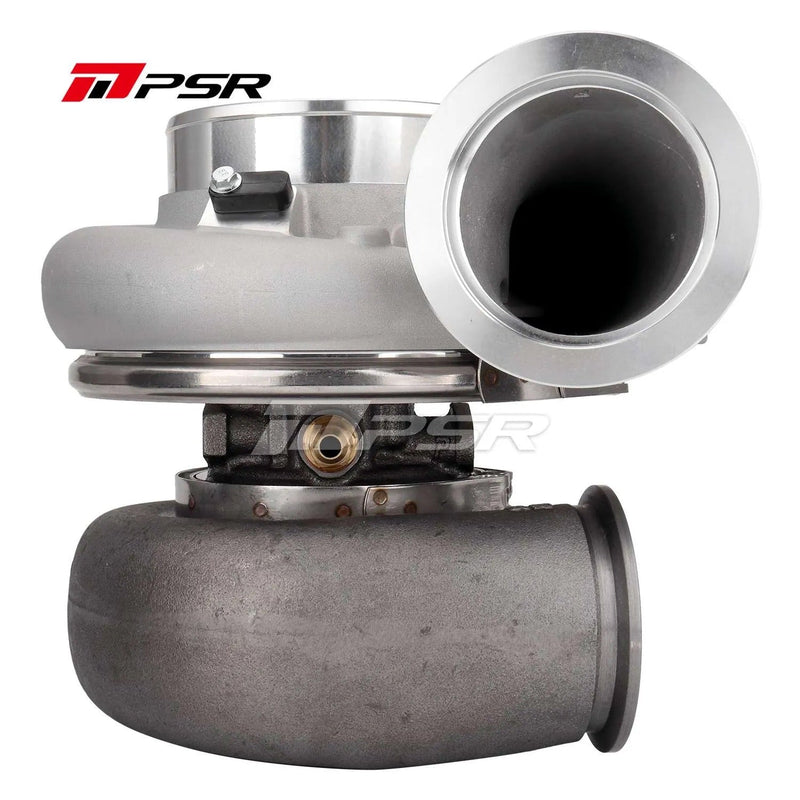 A Pulsar Turbos brand turbocharger with a silver compressor wheel and inlet shroud.