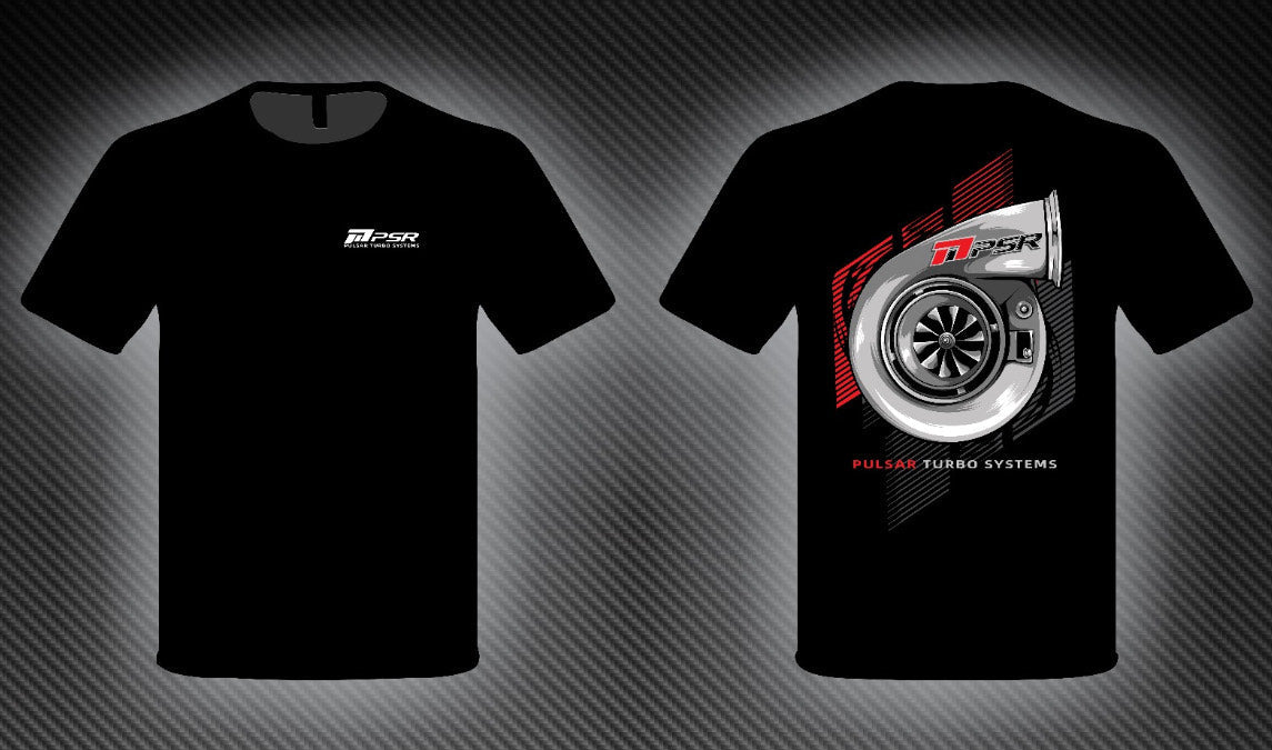 Two black Pulsar Turbo Australia T-Shirts, one with a small logo on the left chest and a large turbo design on the back, and the other with a prominent turbo design on the front.