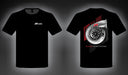 Two black Pulsar Turbo Australia T-Shirts, one with a small logo on the left chest and a large turbo design on the back, and the other with a prominent turbo design on the front.