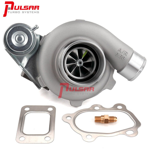 A Pulsar Turbos brand turbocharger with model number PSR2867R GEN 2, displayed along with metal components such as gaskets and a downpipe. The turbocharger is silver-colored with a dark interior visible through the compressor wheel window.