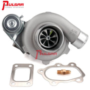 A Pulsar Turbos brand turbocharger with model number PSR2860R GEN 2, displayed along with metal components such as gaskets and a copper fitting. The turbocharger has a silver color with the Pulsar Turbos logo in red.