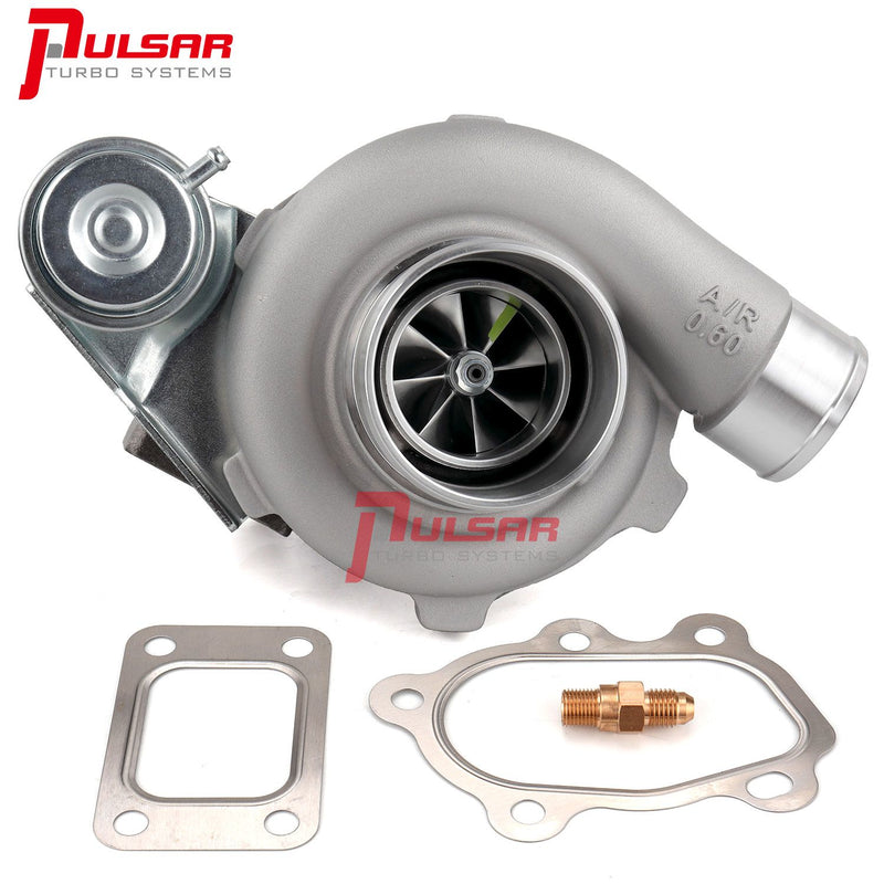 A Pulsar Turbos brand turbocharger with model number PSR2860R GEN 2, displayed along with metal components such as gaskets and a copper fitting. The turbocharger has a silver color with the Pulsar Turbos logo in red.