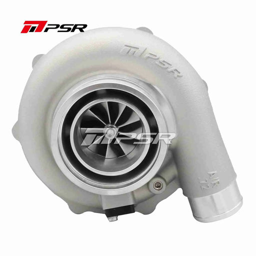 A Pulsar Turbos 5855G 770HP 58mm Dual Ball Bearing Turbocharger, showing a silver and gray color with the Pulsar Turbos logo on it.