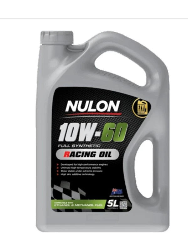 A 5-liter container of NULON 10W-60 Full Synthetic Racing Oil with a gray label and black background.