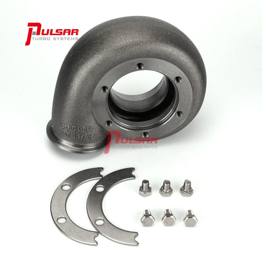 A metal turbine housing for a Pulsar PSR 3584 GEN 3 turbocharger, accompanied by mounting flanges and screws.