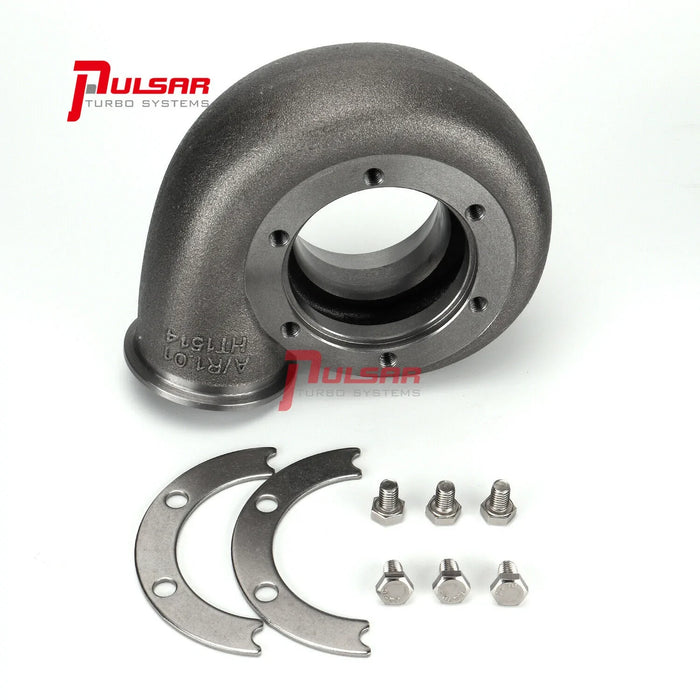 A metal turbine housing for a Pulsar PSR 3584 GEN 3 turbocharger, accompanied by mounting flanges and screws.