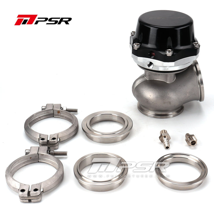A PULSAR 50mm external wastegate with various components including flanges, clamps, and the wastegate body in silver and black colors.